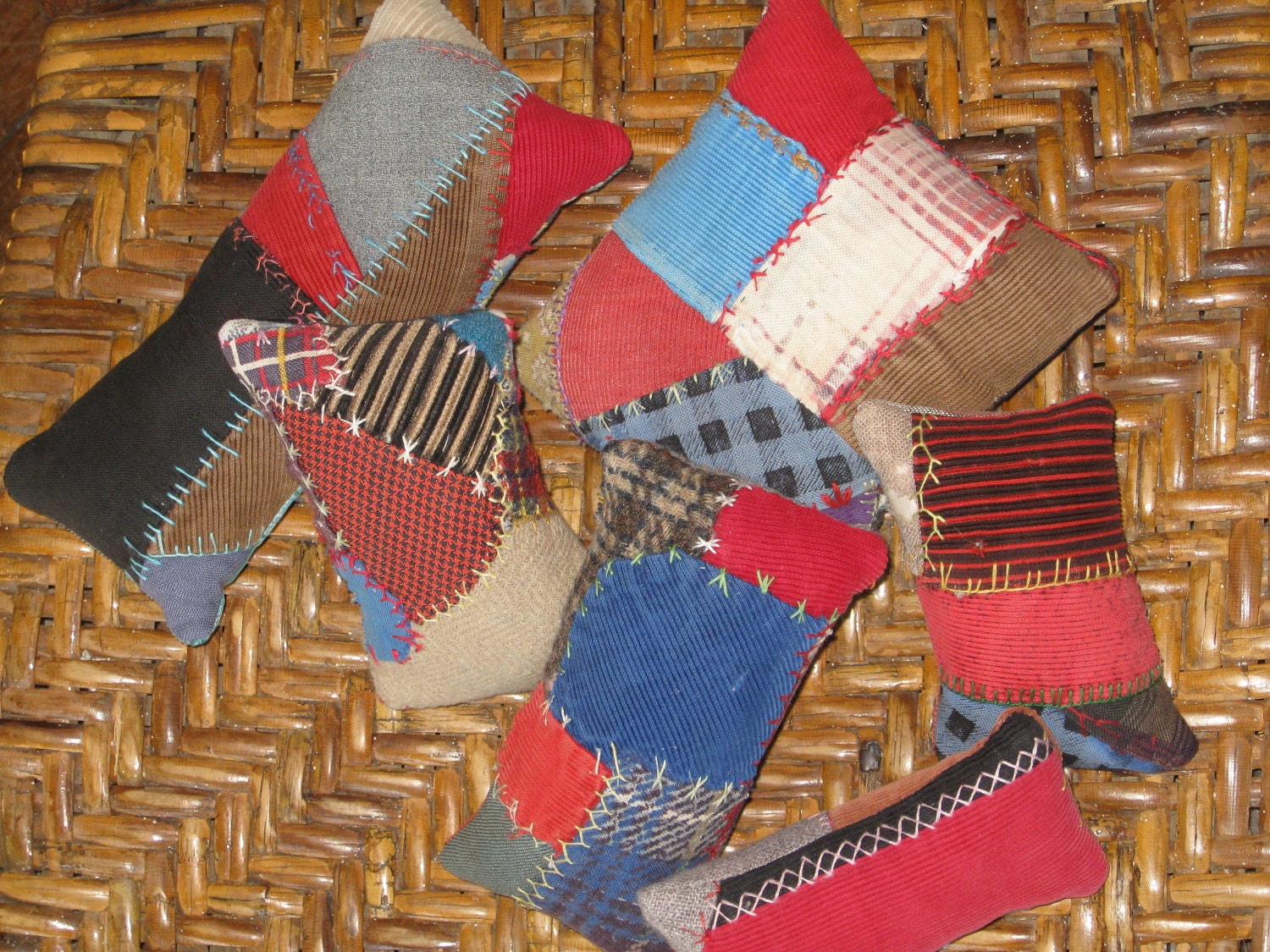 Primitive Pincushion Feather Stitched Quilt Handmade Old Crazy Quilt