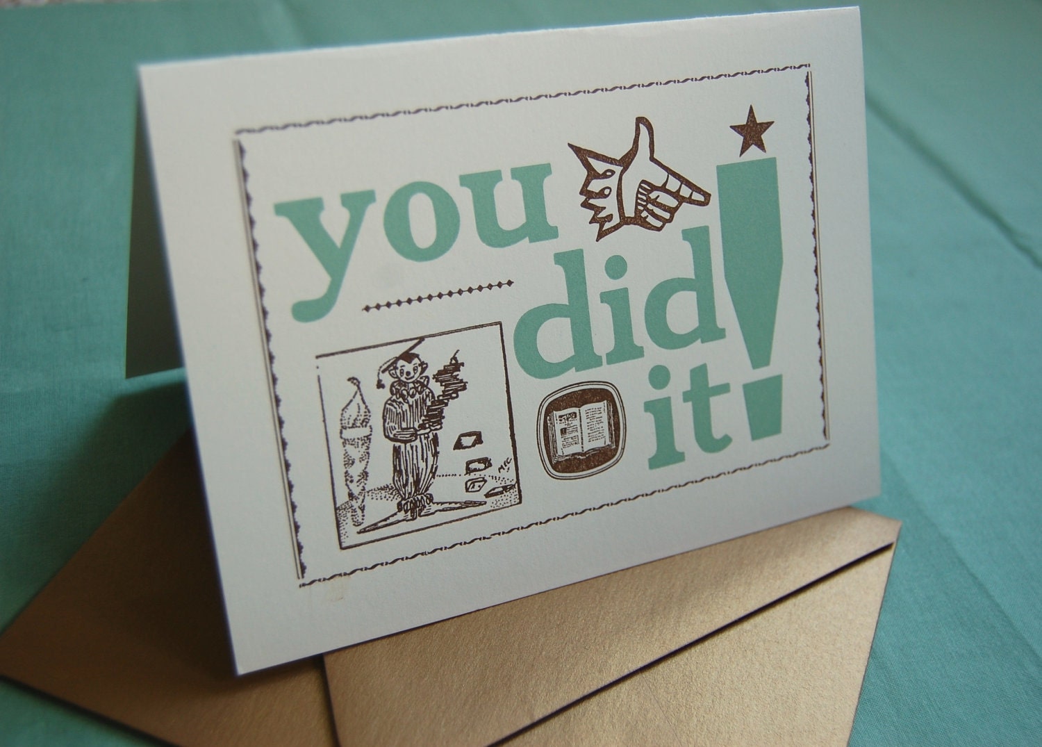 ON SALE//Letterpress Grad Card - Golden Ticket Graduation - Congratulations - Bronze and Mint Green - Sparkly Gold Envelope