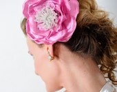 hair bridal accessories,Pink or turquoise silk rose with Swarovski brooch Bridal flower, bridal party flower, pink or turquoise