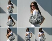 gray tote bag - knitted in cotton with rattan handles