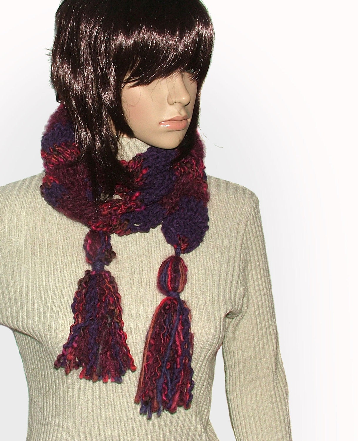 Red Purple Chunky Skinny OOAK Crochet Scarf  Wearable Art - Funky Ruby Purple