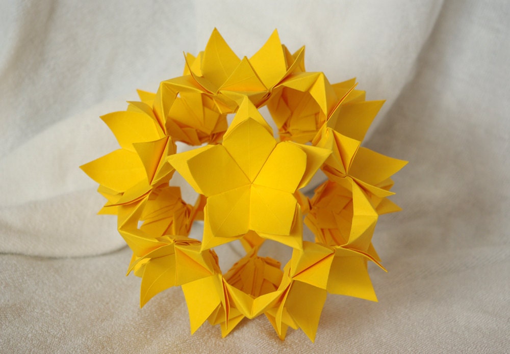 Yellow floral kusudama. Origami paper ball