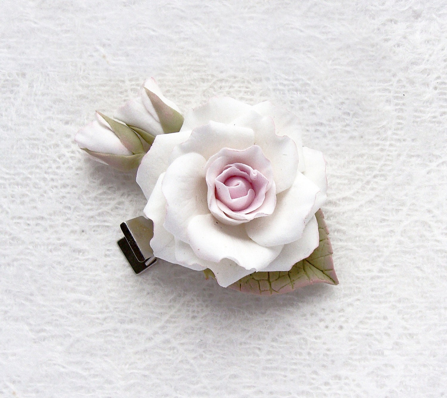 Polymer clay hair clip with a white rose "Beautiful Lady". Polymer clay jewelry, hair clip, accessories.