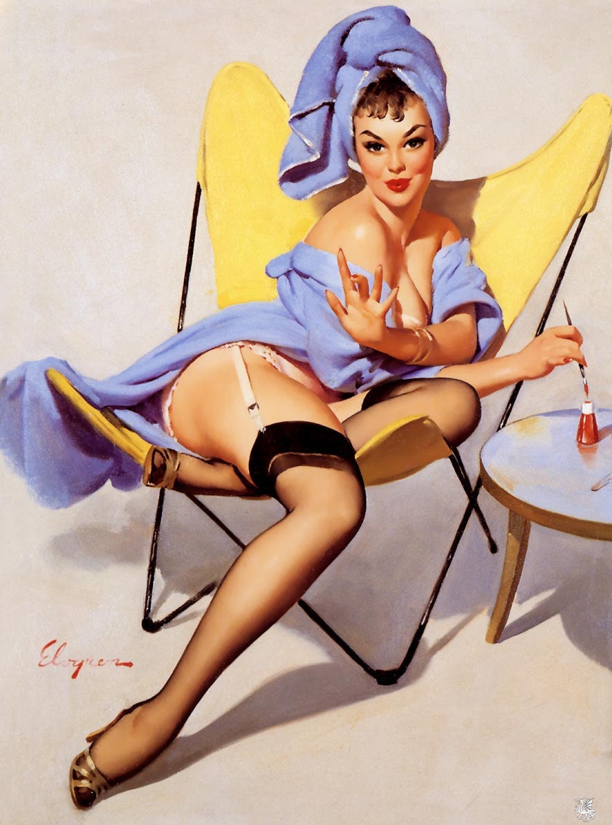 Free US shipping Handprinted Cotton Art Reprodn Applique Vintage Sexy Pin-up Girl Gil Elvgren "The finishing touch", 1960