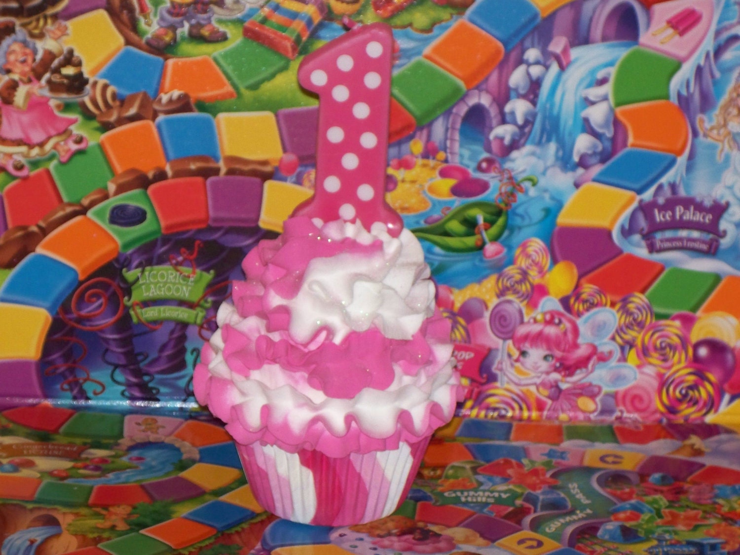1st First Birthday Fake Cupcake Pink Polka Dot Number One 1 Candle on top, White Hot Pink Candy Swirl Frosting great Photo Prop, Party Decor