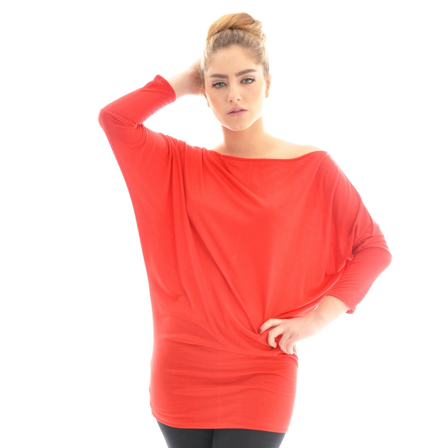 Maternity Top/ Tunic- Dolman Oversize Cotton Red Maternity Tunic with bat sleeves