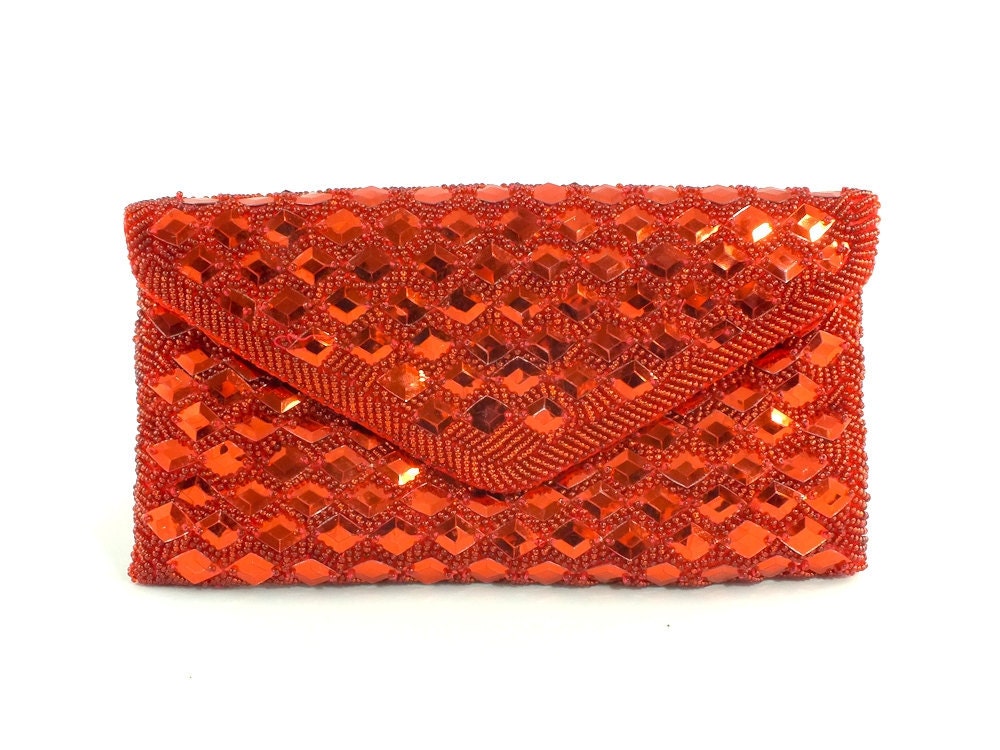1970s Red Beaded Satin Clutch Purse