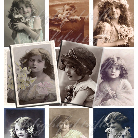 Collage Sheet Vintage Little French Girls Portraits ATC Size Digital Download