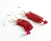 Red Chainmaille Earrings Fuschia Crystals European 4 in 1 Chain Mail Red & Silver Plated Earrings - Spoon37