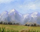 Snowy Mountain Landscape, Green Grass, Clouds Sky- Original Oil Painting- ACEO ATC Art Card