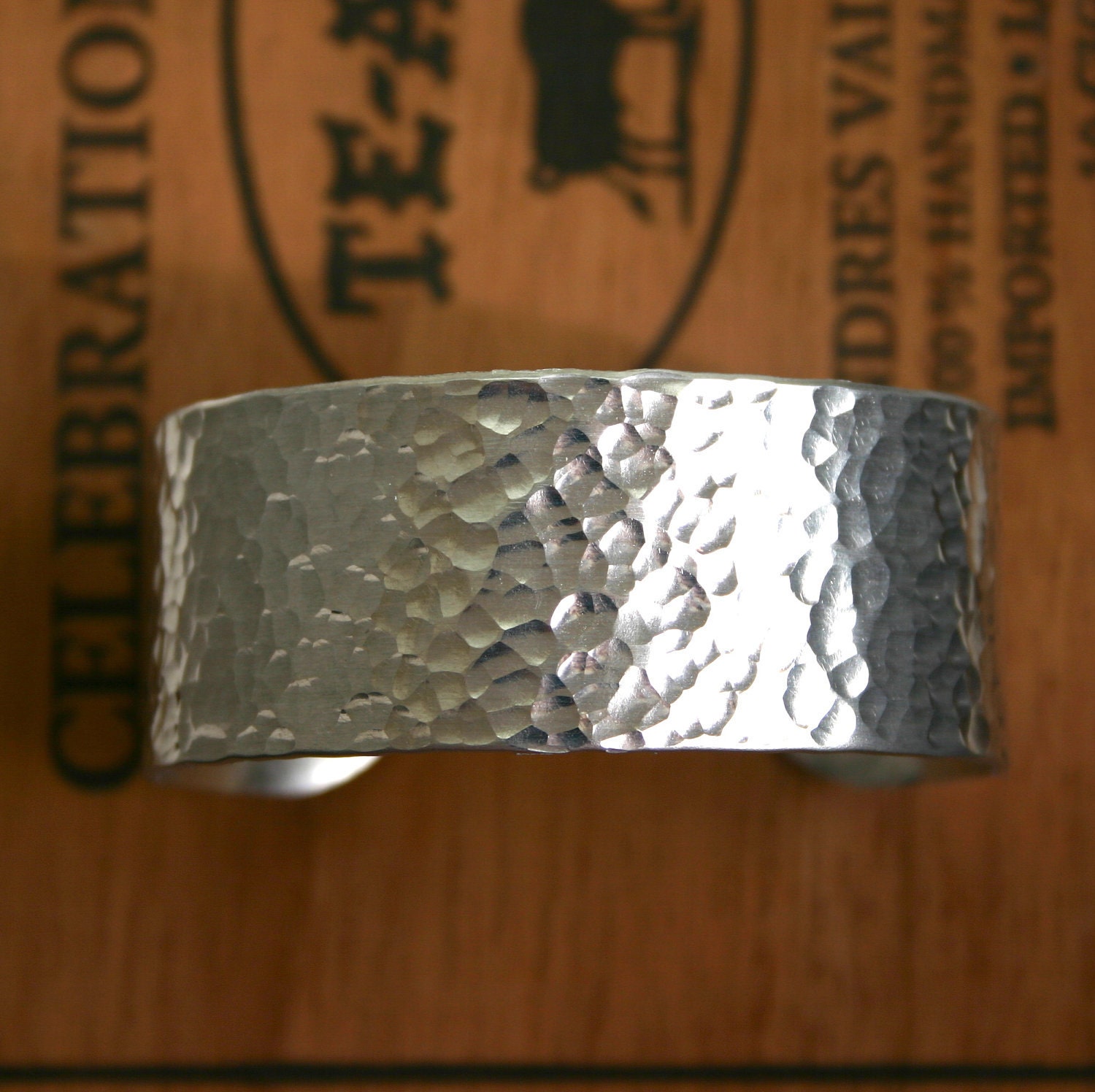 Wide hammered silver cuff bracelet