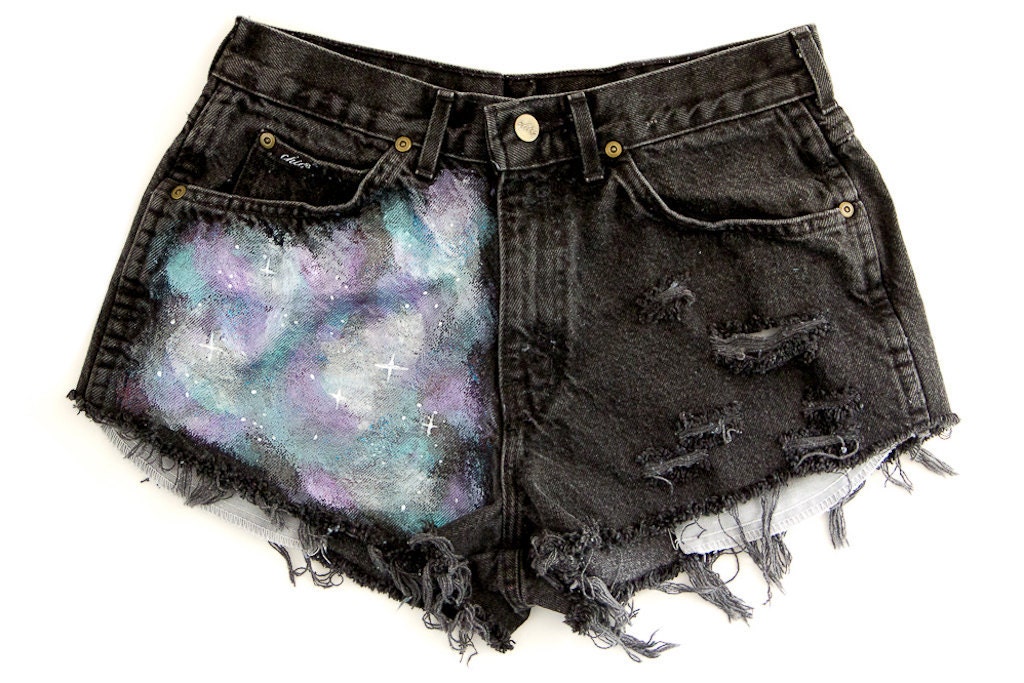 Nebula Space Shorts, Hand Painted, Vintage Distressed High Waisted Denim, Upcycled W30