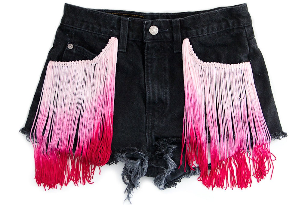 Ombre Fringe Shorts, Pink, Vintage Distressed High Waisted Denim, Upcycled W28