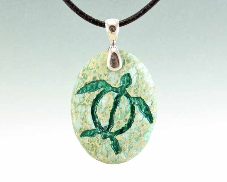 Honu Sea Turtle - Engraved Stone Pendant - Green Aqua terra Jasper