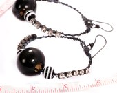 Large Hoop Earrings - rhinestones Carnival black white stripe balls, Belly Dance Oxidized aged looking statement Bohemian Chic OOAK