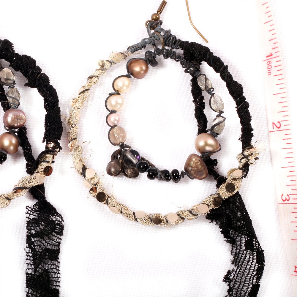 Tribal Gypsy Earrings - Large Hoops black cream circles Tattered dangle Belly Dance twisted Oxidized wire Rustic