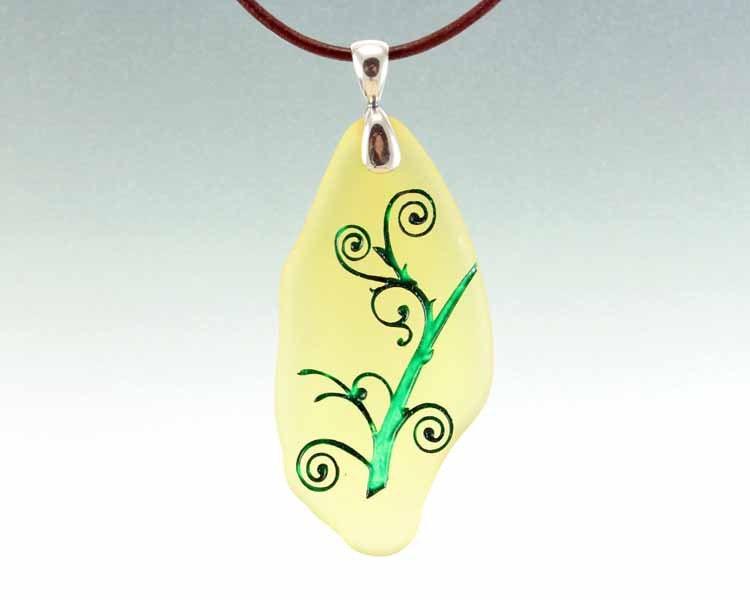 Swirly Vine - Etched Glass Pendant - Yellow Frosted Glass