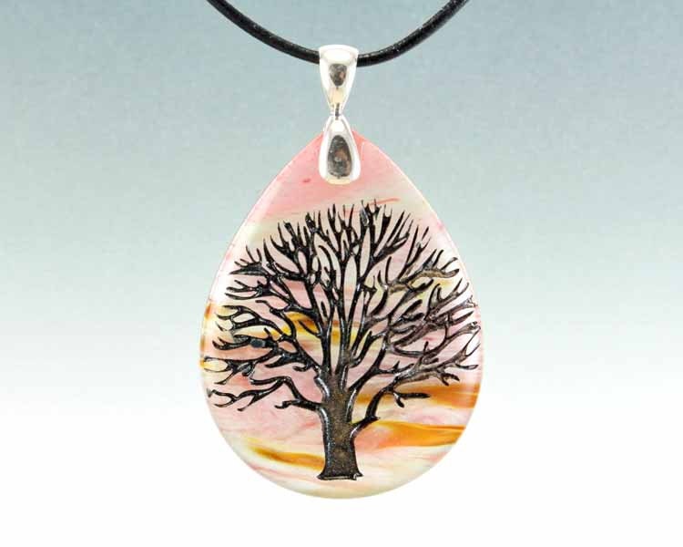Tree of Life - Etched Glass Pendant - Cherry Quartz Glass