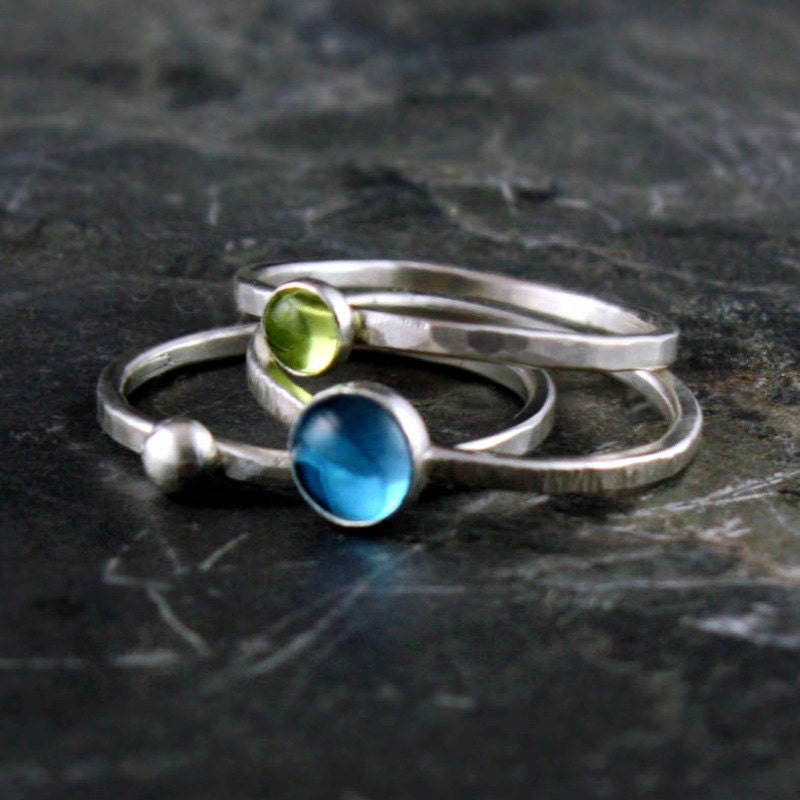 Gemstone Silver Stacking Rings - Peridot, Blue Topaz, Fine Silver - FREE shipping