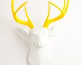 The Baron - White W/ Yellow Antlers Resin Deer Head- Stag Resin White Faux Taxidermy
