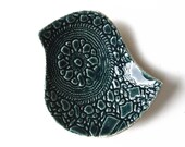 Lacy bird bowl in deep teal green ceramic pottery with vintage lace crochet texture Soap dish, candle or ring holder Housewarming gift ideas