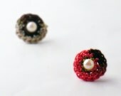 Crochet Earrings Studs Mini Circles Salmon Pink Chocolate Brown Linen Beige Spring Green