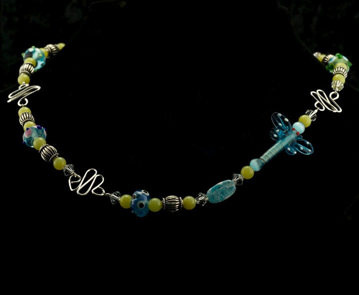 Necklace, Earrings, and Bracelet in Lampwork Beads and Olive Jade