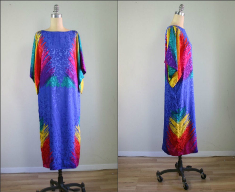 80s rainbow color burst print tunic with kimono sleeves / 1980s caftan