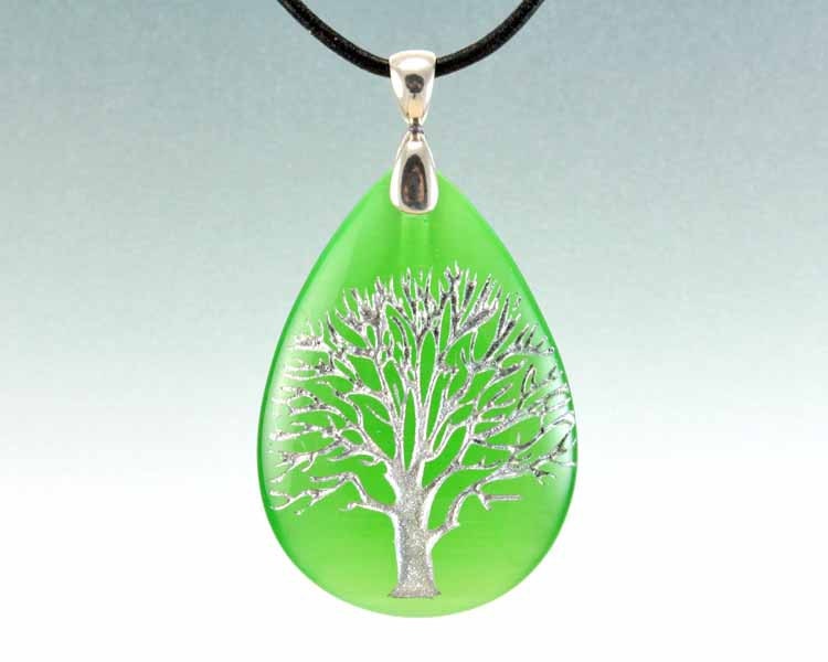 Tree of Life - Large Green Etched Glass Pendant - Cat Eye Glass