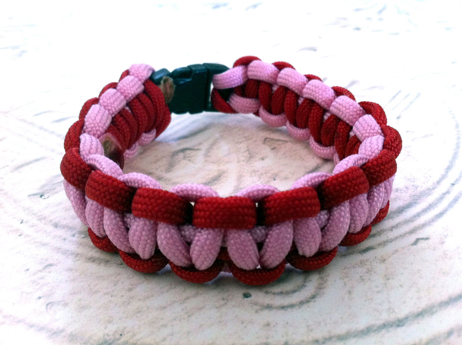Paracord Bracelet, Pink & Red Handwoven Jewelry with Small Black Buckle
