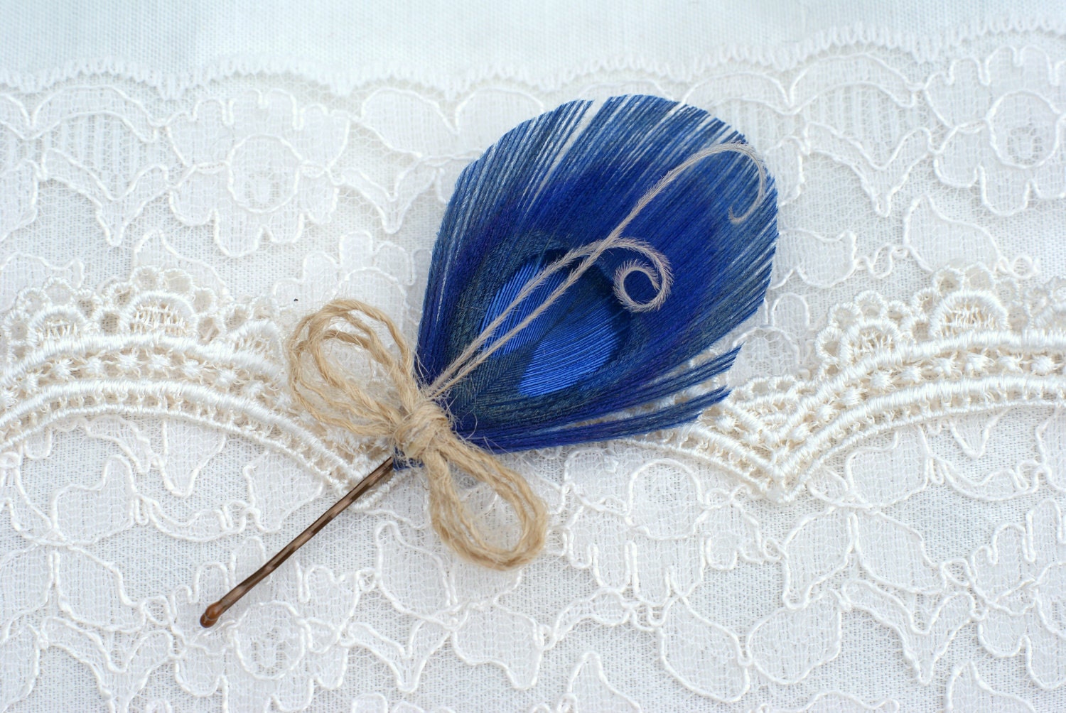 Blue Hair Pins, Feather Hair Pin, Peacock Hair Accessory, Rustic Hair in BOHO, Peacock Hair Pin - royal blue brown natural tan - bow