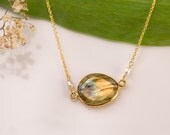 Faceted Labradorite stone in 22k Gold Vermeil Necklace with Freshwater White Pearls