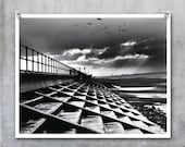Crosby Steps dramatic black and white seaside view, beach steps winter sky cold birds flying - 10x8 inch photograph photo print - EyeshootPhotography