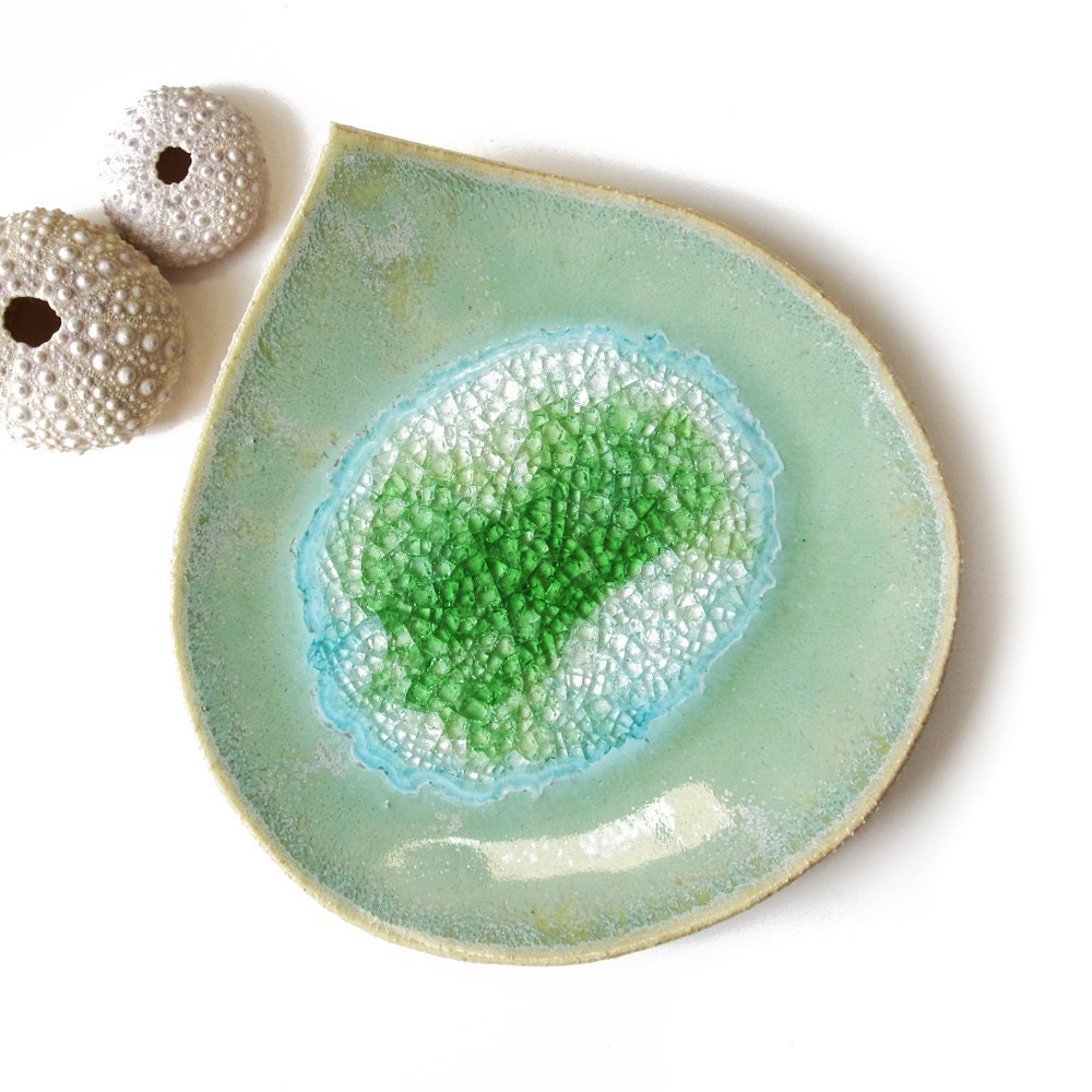 Pottery bowl Rainforest leaf ceramic bowl in green pottery with turquoise blue recycled glass Soap dish decorative bowl home decor eco