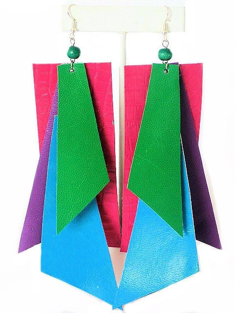 Neon Color Block Leather Earrings - Fuchsia, Purple, Blue, Green