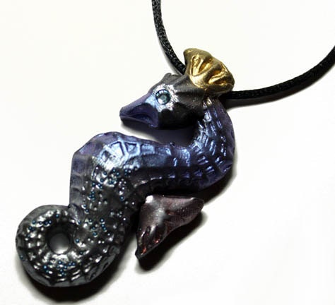 Blue / Silver Polymer Clay Swarvoski Eyed Seahorse Pendant with Necklace
