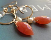Salmon Color Moonstone, White Topaz and Pearl Earrings - Modern Contemporary Jewelry