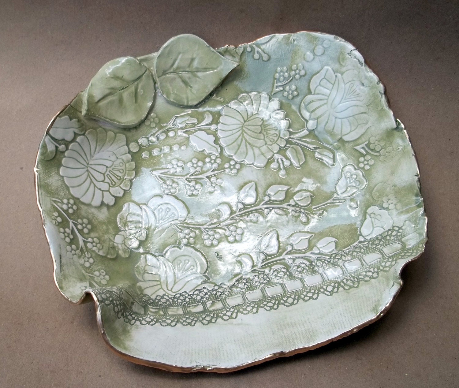 Damask Lace Ceramic Bowl  Olive Green