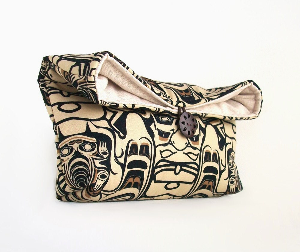 Tribal Clutch, Makeup Bag, Black Beige and Brown Clutch Purse, Cosmetic Travel Bag, Gift Under 25