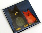 Art Pin Back Button, Woodland Owl, 2 inch Square, Wearable Painting
