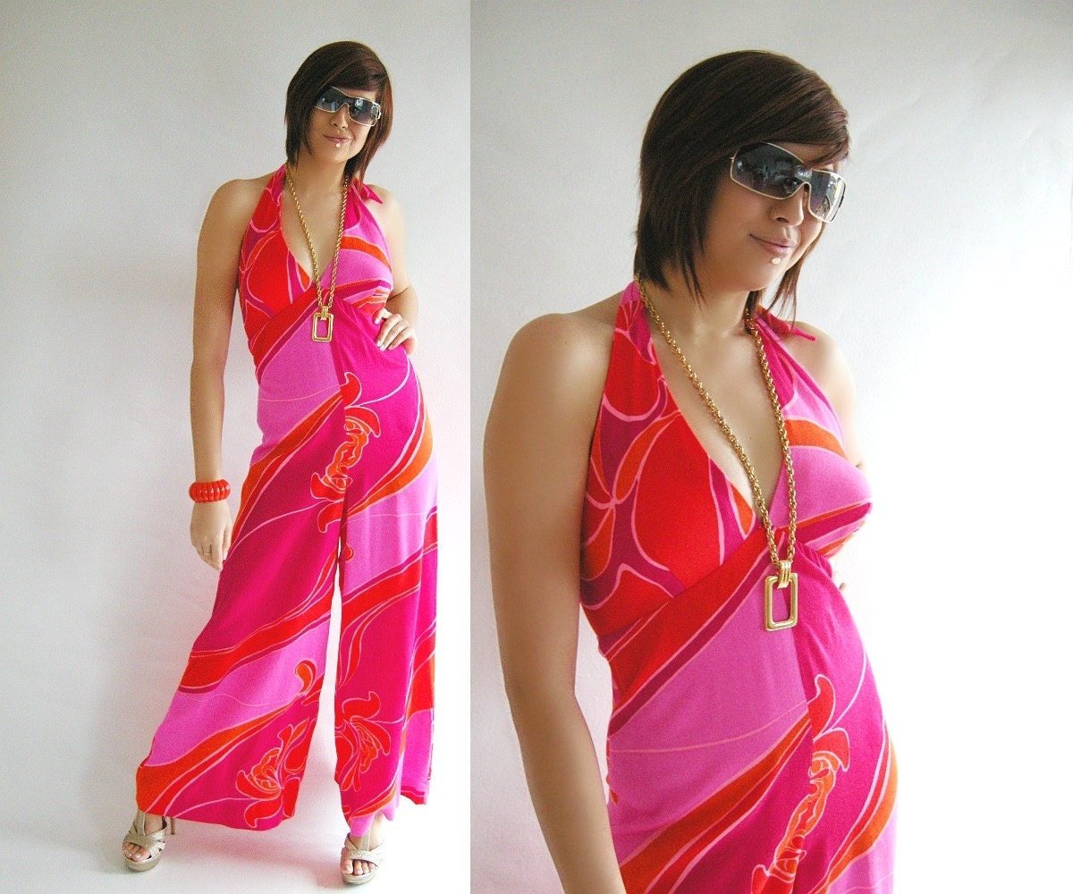 Psychedelic Jumpsuit Vintage 60s 70s Halter with Deep Plunge M  //  Groovy Fashion at Empress Jade