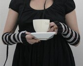 Black and grey striped fingerless gloves with white buttons -mittens victorian goth yoga cotton cycling