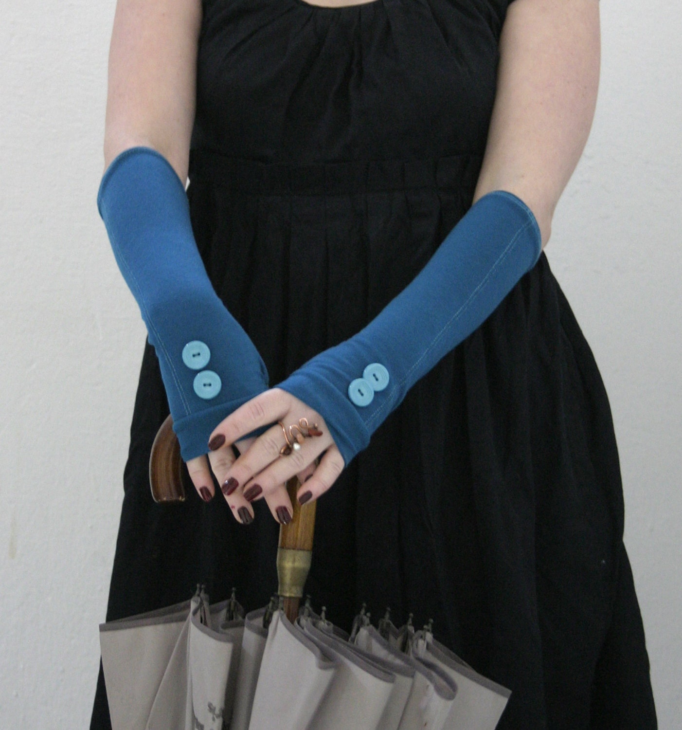Soft Turquise with blue vintage buttons fingerless stretch gloves - Cotton Yoga Gothic Chic modern abstract Cycling Sport dark