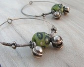 Green Boho Hoops - African Trade Beads, Sterling Silver and Bells from India