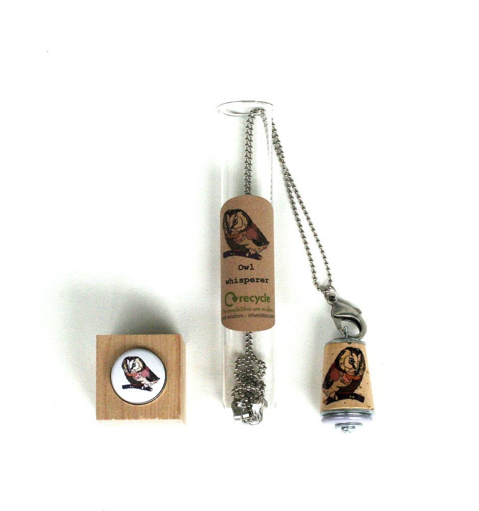 Owl Necklace - Recycled Cork Jewelry in Test Tube - Bird Whisperer by Uncorked