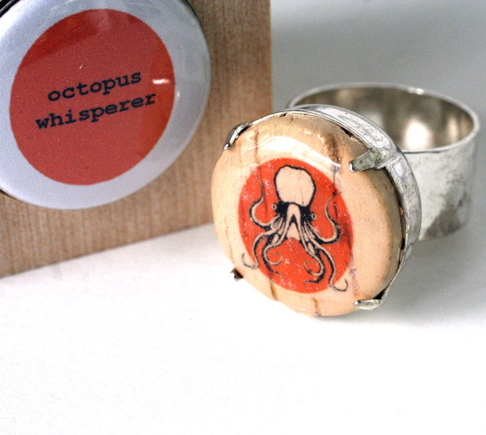 Octopus Ring - Upcycled Wood - Silver Hammered Band - Adjustable by Uncorked
