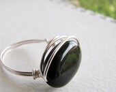 Onyx free form wire wrap ring, ring black onyx, copper with silver