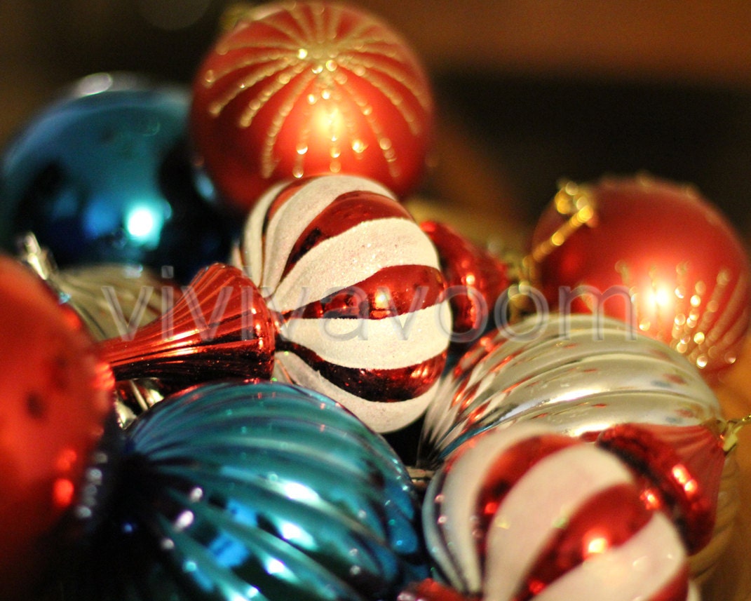 Christmas ornaments blue red sparkly gold twinkle holiday festive photograph 8 x 10