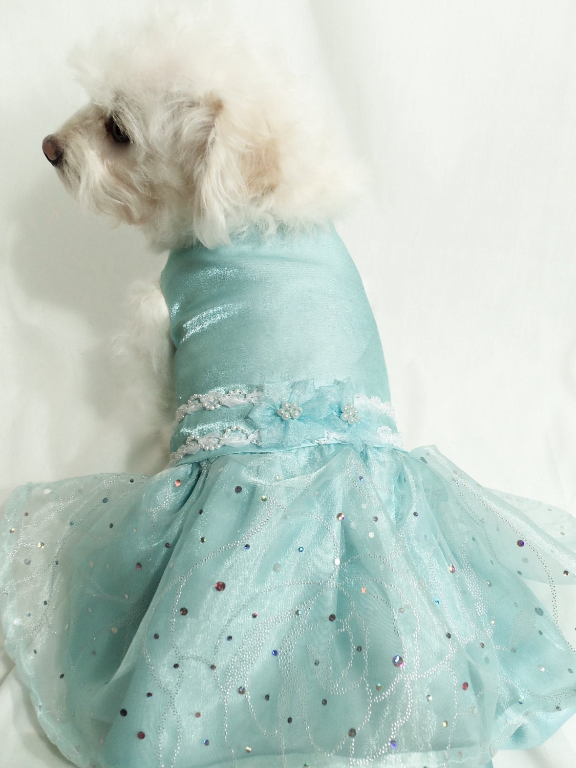 RockinDogs Light Aqua Blue Shimmer Satin and Sequin Organza Formal Dress for Dogs w/Hair Bow