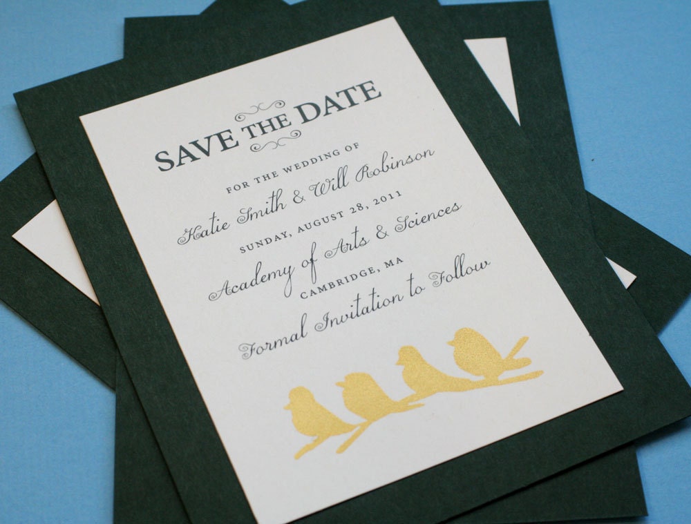 Bird wedding save the date cards for a fall winter wedding screenprint in gold ink